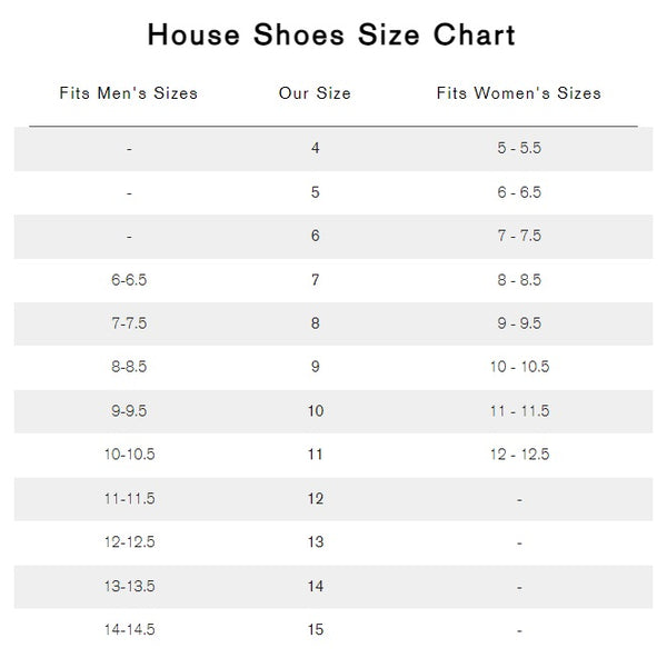 Vermont House Shoes: Loafer - Chili Bison - size chart